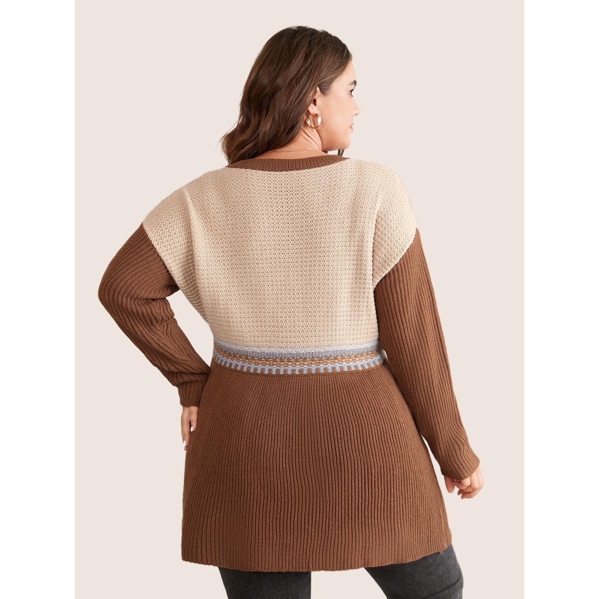 Plus Size Colorblock Contrast Texture Elastic Waist Pullover Maroon Women Casual Long Sleeve V-neck Everyday Pullovers BloomChic 18-20/2X Product Image
