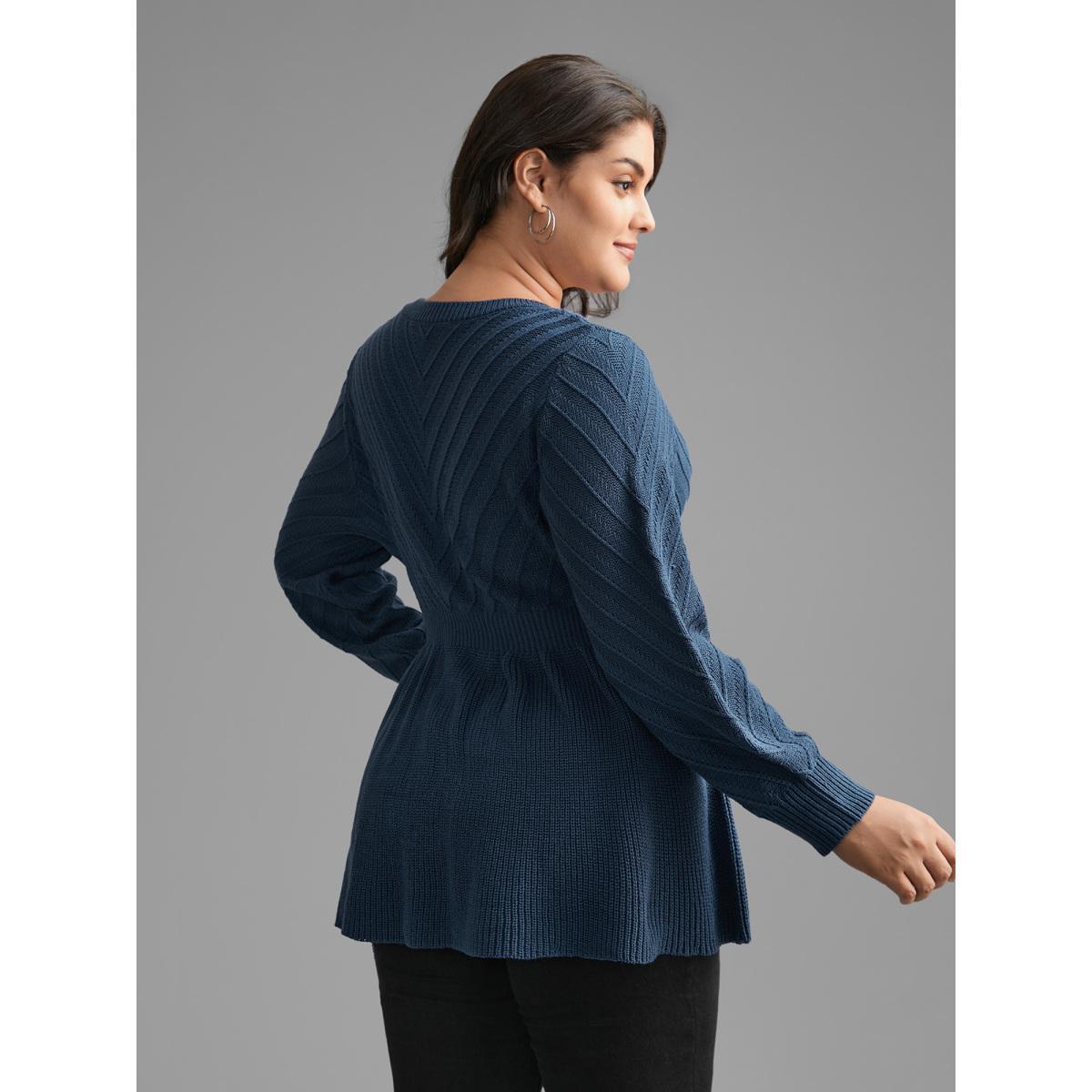 Plus Size Crew Neck Plain Textured Lantern Sleeve Pullover Indigo Women Casual Bodycon Long Sleeve Round Neck Everyday Pullovers BloomChic 12/L Product Image