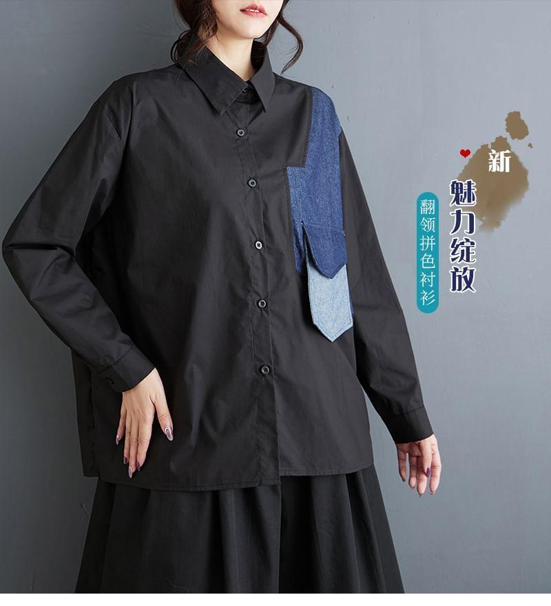 Long-Sleeve Patchwork Shirt Product Image