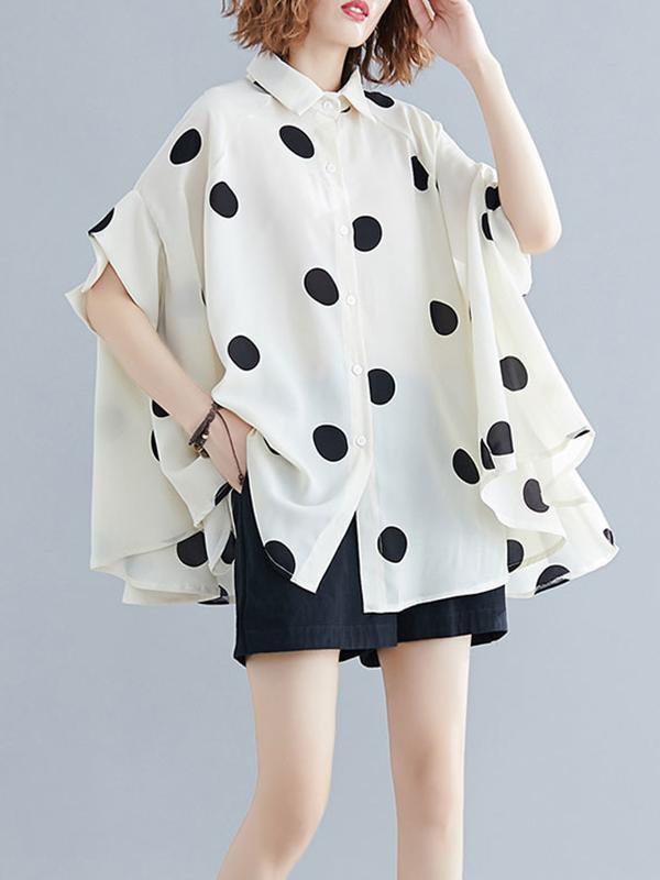 Batwing Sleeves Loose Polka-Dot Lapel Blouses&Shirts Tops Product Image