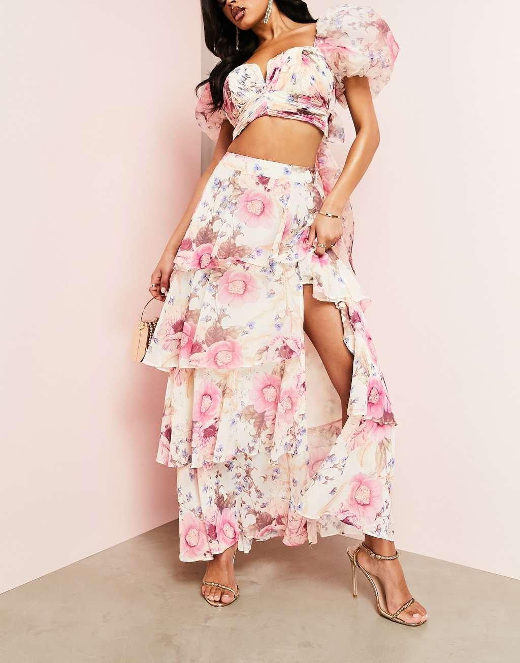 ASOS LUXE ruched wrap tiered maxi skirt Product Image