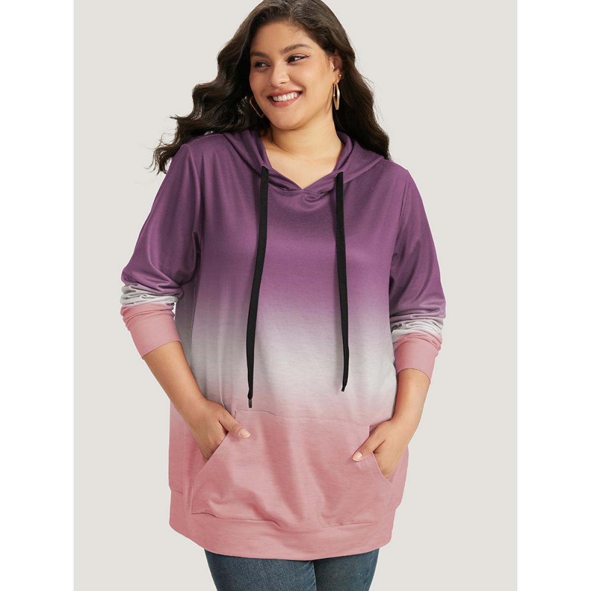 Plus Size Ombre Pocket Drawstring Hooded Sweatshirt Women Lilac Casual Elastic cuffs Hooded Everyday Sweatshirts BloomChic 10/M Product Image