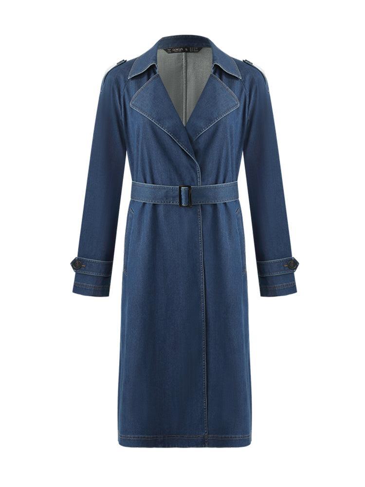 Denim Lapel Women Trench Coat With Belt Product Image