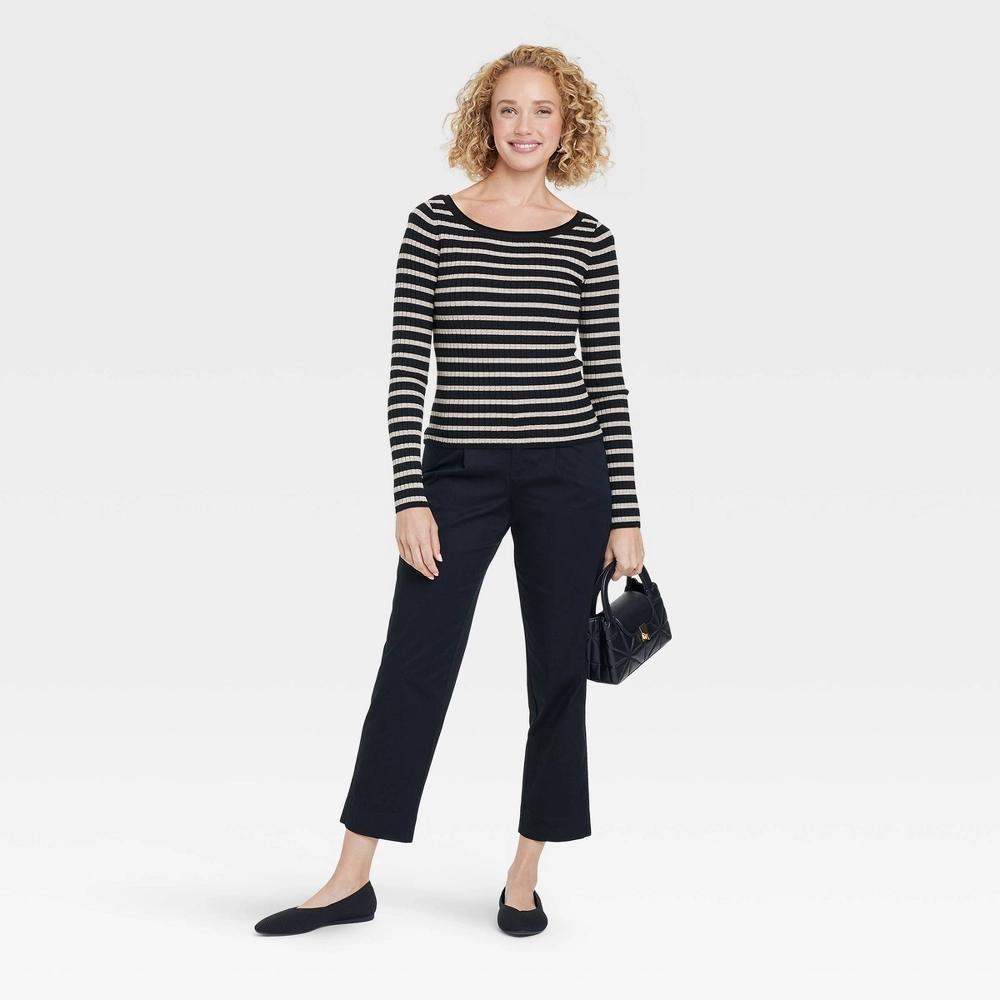 Womens Fine Gauge Ribbed Boat Neck Pullover Sweater - A New Day Black/Taupe Striped XL Product Image