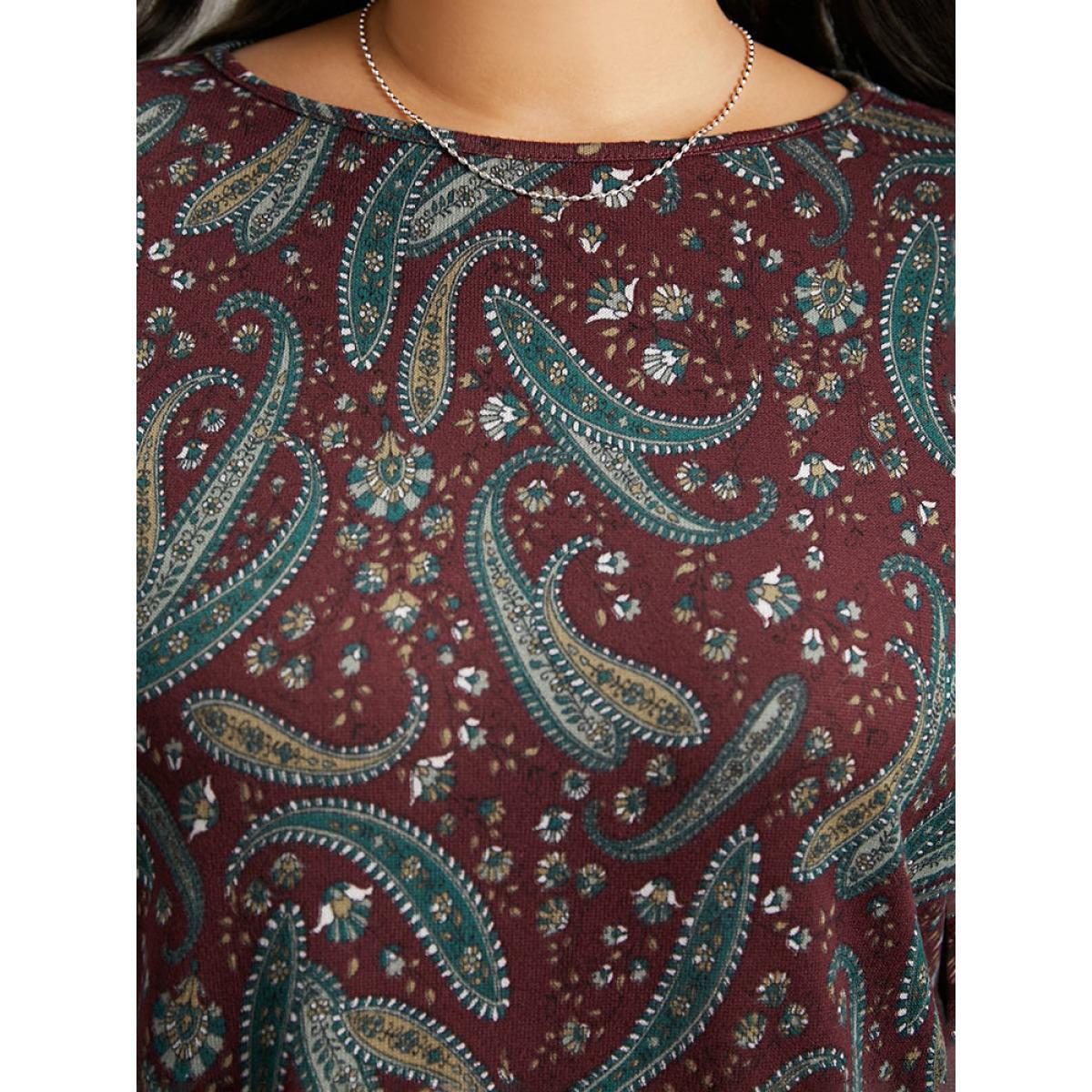 Plus Size Paisley Print Round Neck Slightly Stretchy T-shirt Burgundy Women Elegant Printed Paisley Round Neck Dailywear T-shirts BloomChic 22-24/3X Product Image