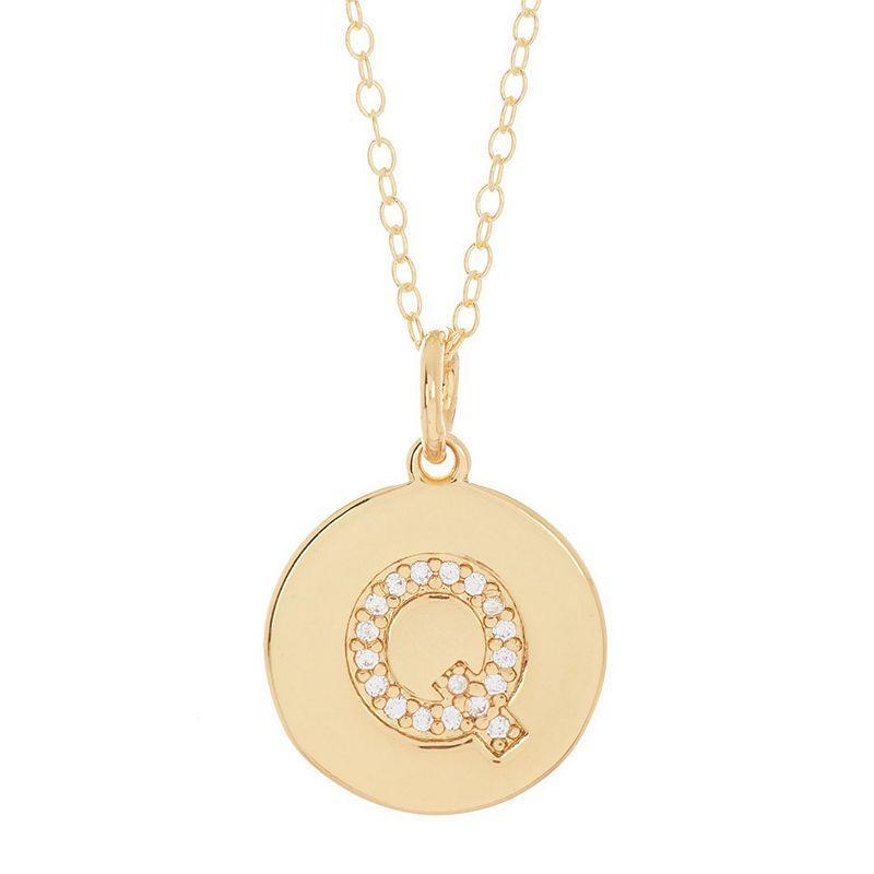 Adornia 14k Gold Plated Cubic Zirconia Engraved Letter Disc Pendant Necklace, Women's, Size: 18", Gold Tone T Product Image
