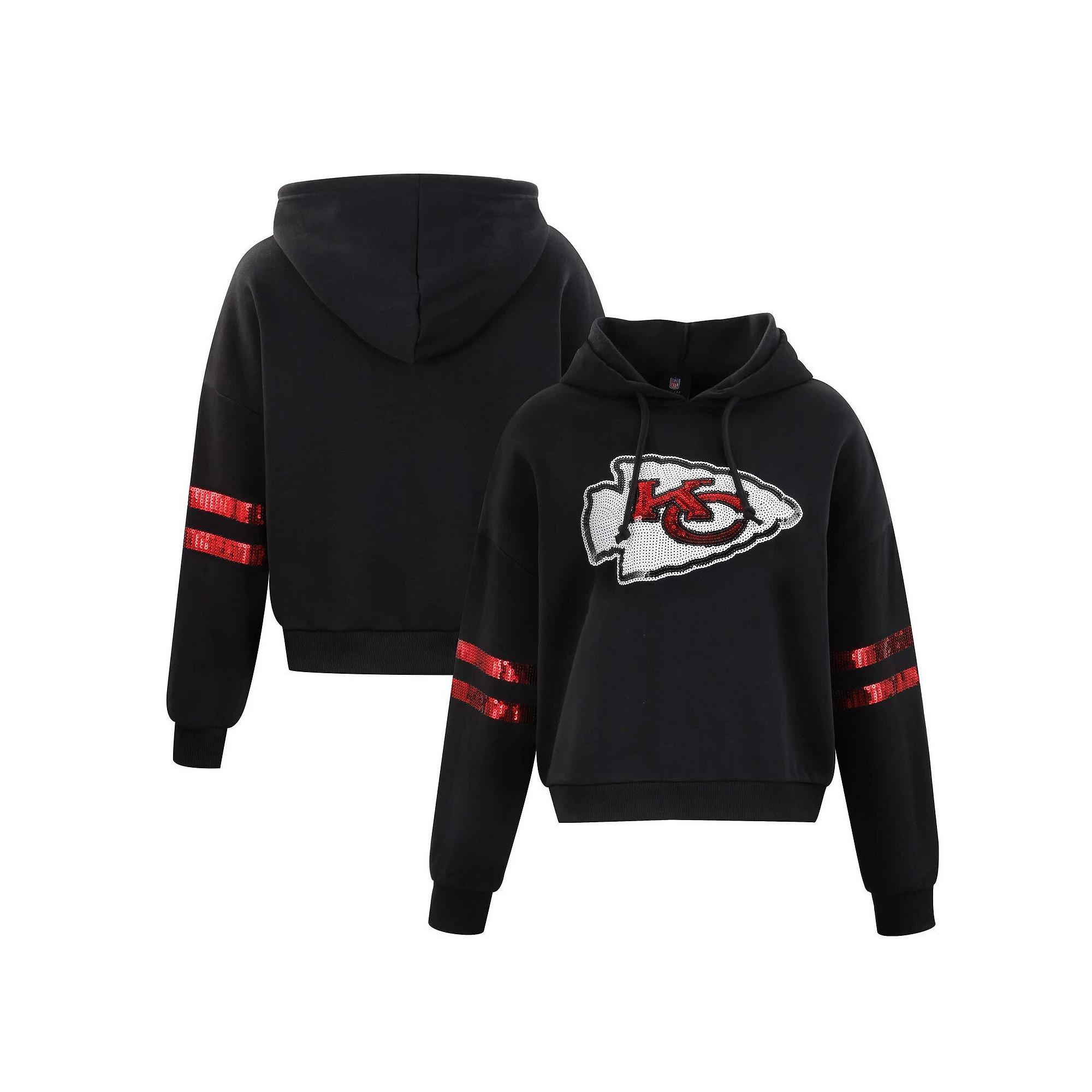 Women's Cuce Black Kansas City Chiefs Cropped Sequins Pullover Hoodie, Size: 2XL Product Image