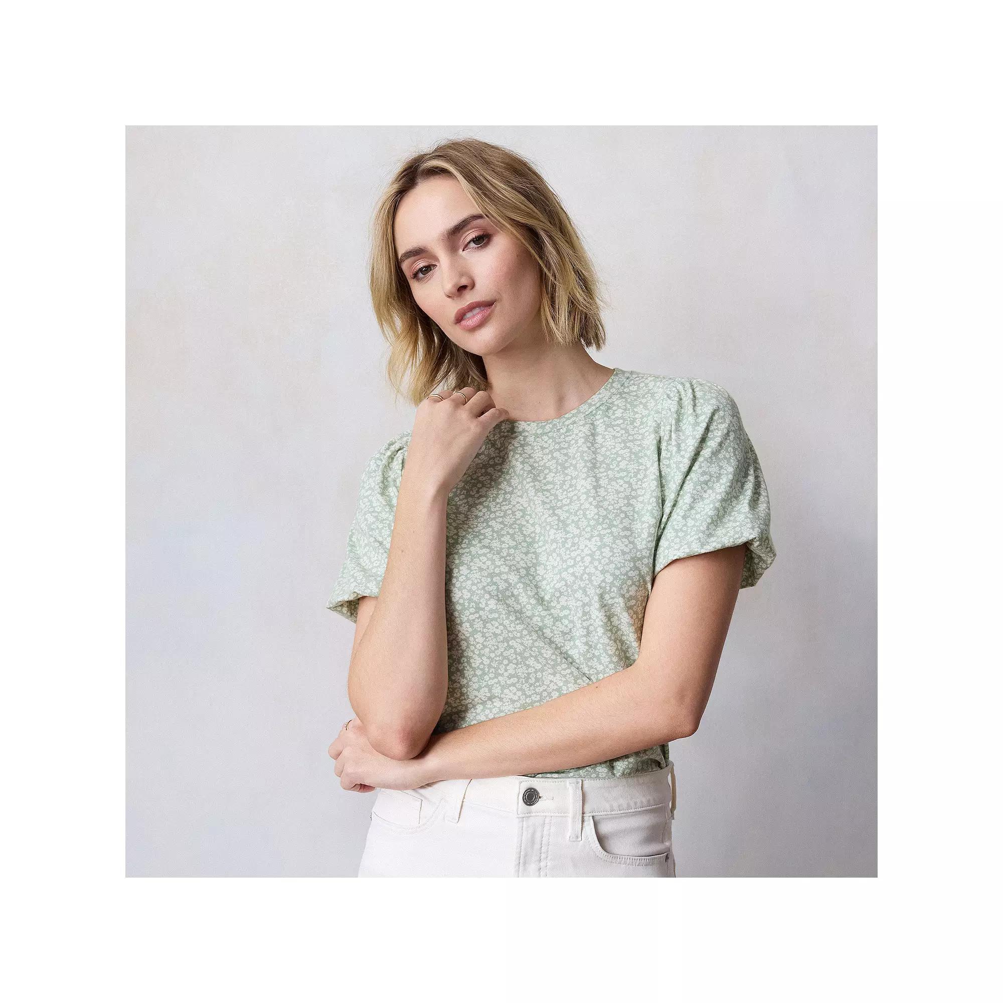 Petite LC Lauren Conrad Bubble Sleeve Tee, Women's, Size: Large Petite, Lt Green Kendra Ditzy Product Image