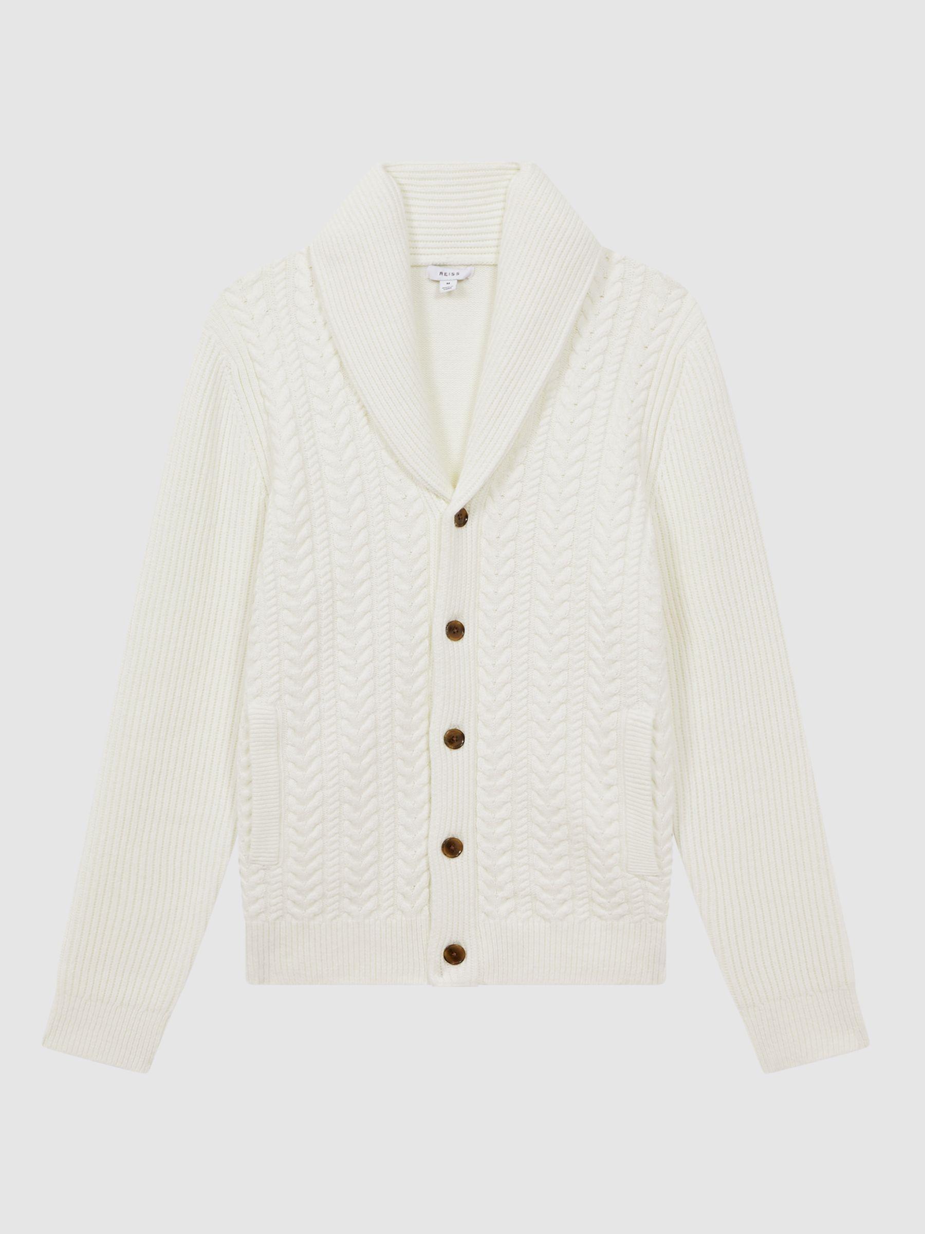 Cotton Blend Cable Knit Cardigan in Ecru Product Image