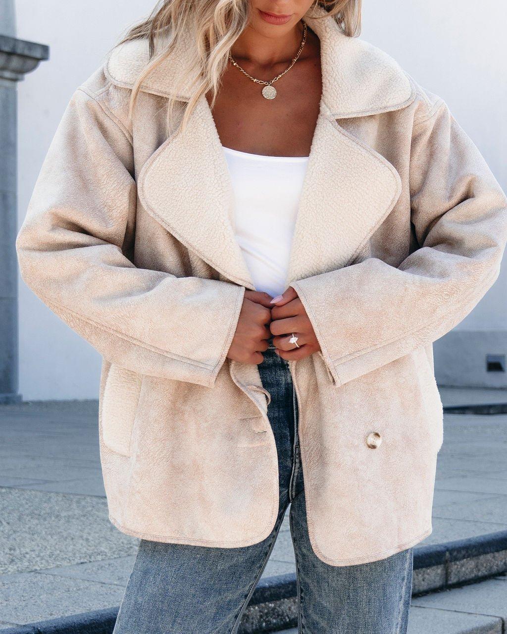 Muse By Magnolia Faux Suede Sherpa Jacket - Beige - FINAL SALE Female Product Image