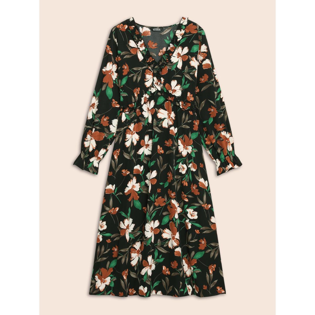 Plus Size Floral Elastic Waist Frill Trim Midi Dress BlackFlower Women Elegant Frill Trim V-neck Long Sleeve Curvy BloomChic 22-24/3X Product Image