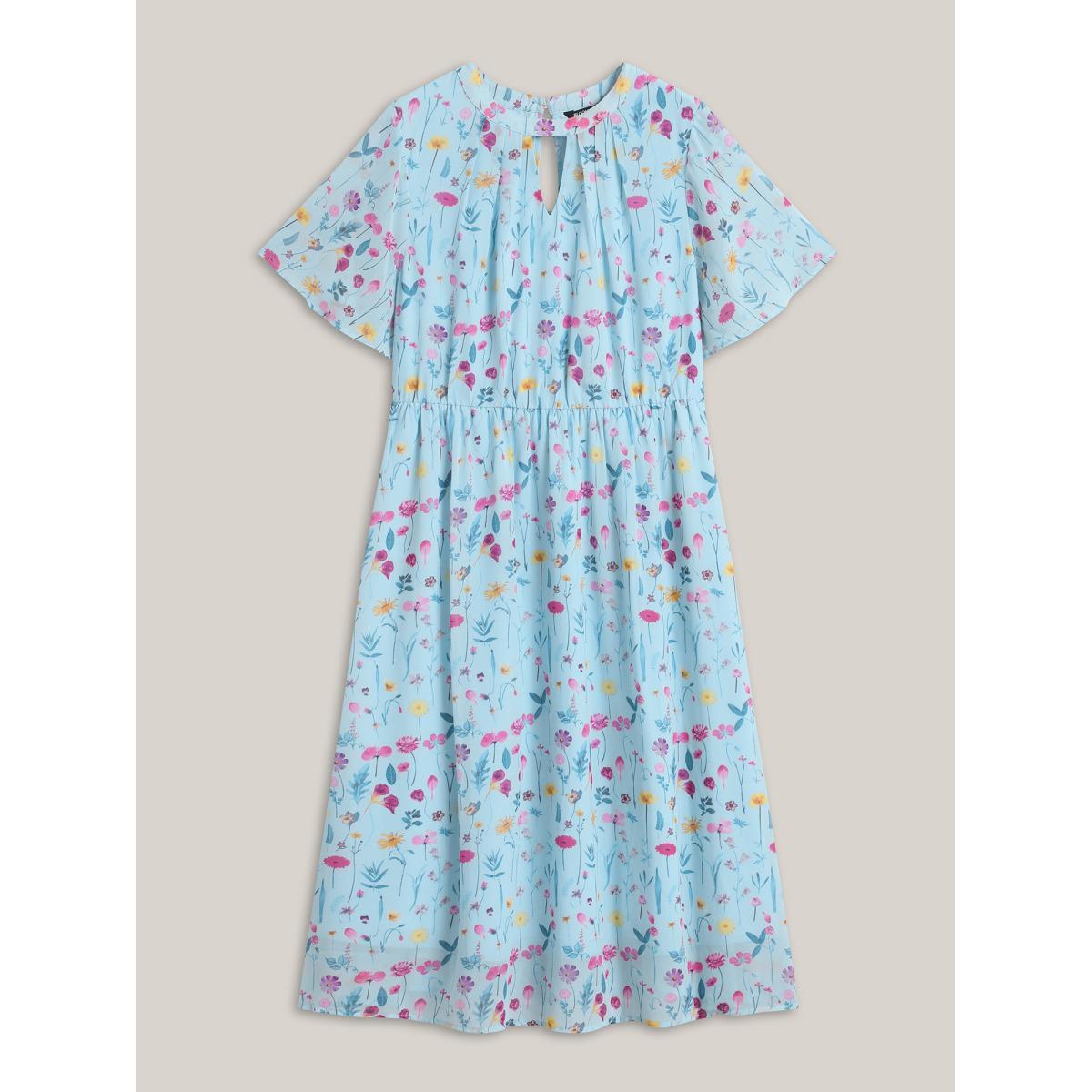 Plus Size Garden Print Stretchy Sheer Midi Dress LightBlue Women Round Neck Short sleeve Curvy BloomChic 10/M Product Image