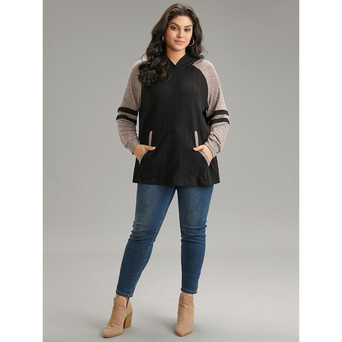 Plus Size Contrast Textured Raglan Sleeve Pocket Hooded Sweatshirt Women Black Casual Texture Hooded Dailywear Sweatshirts BloomChic 18-20/2X Product Image