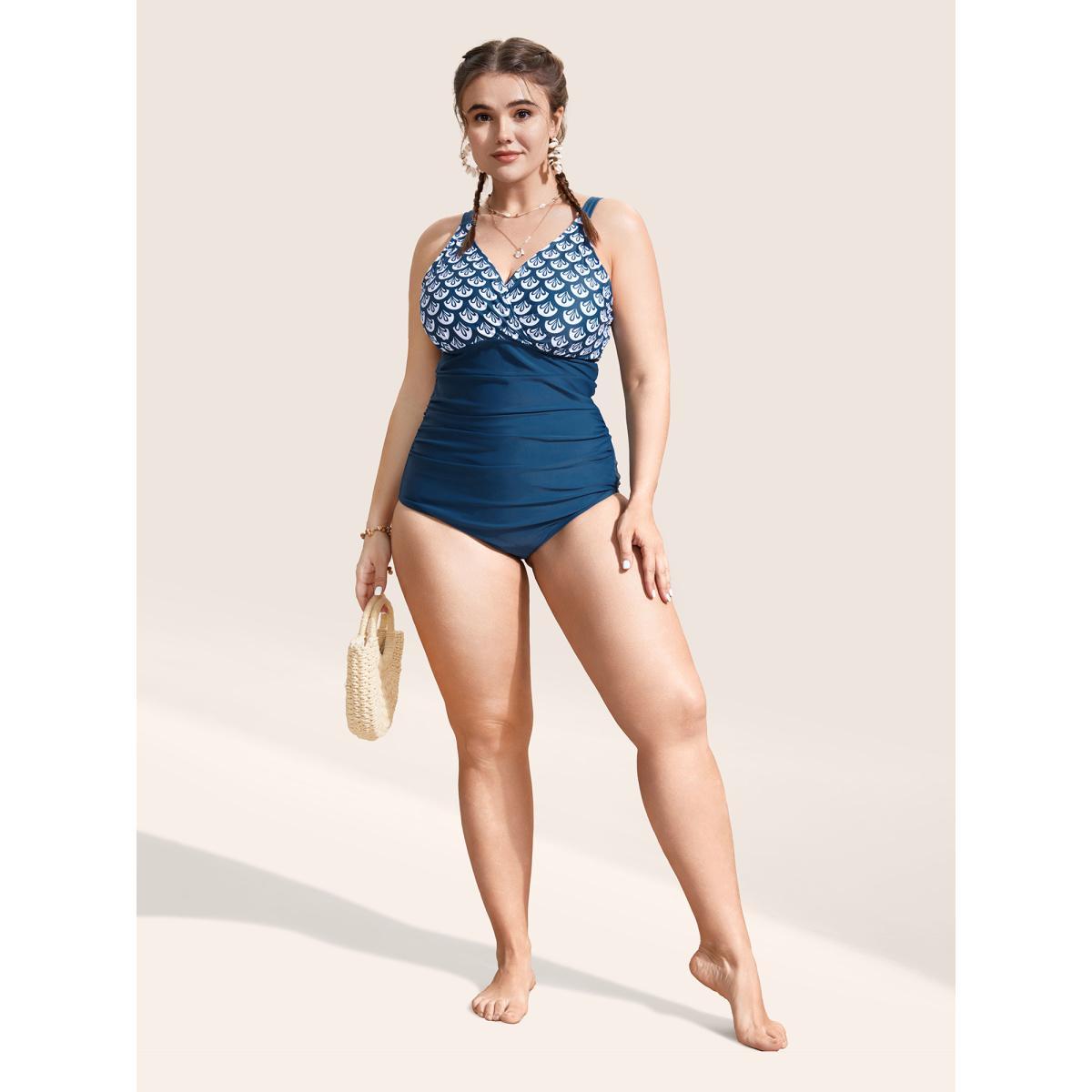 Plus Size Geometric Overlap Collar Gathered One Piece Swimsuit Women's Swimwear Aegean Beach Gathered Curve Bathing Suits High stretch One Pieces BloomChic 10/M Product Image