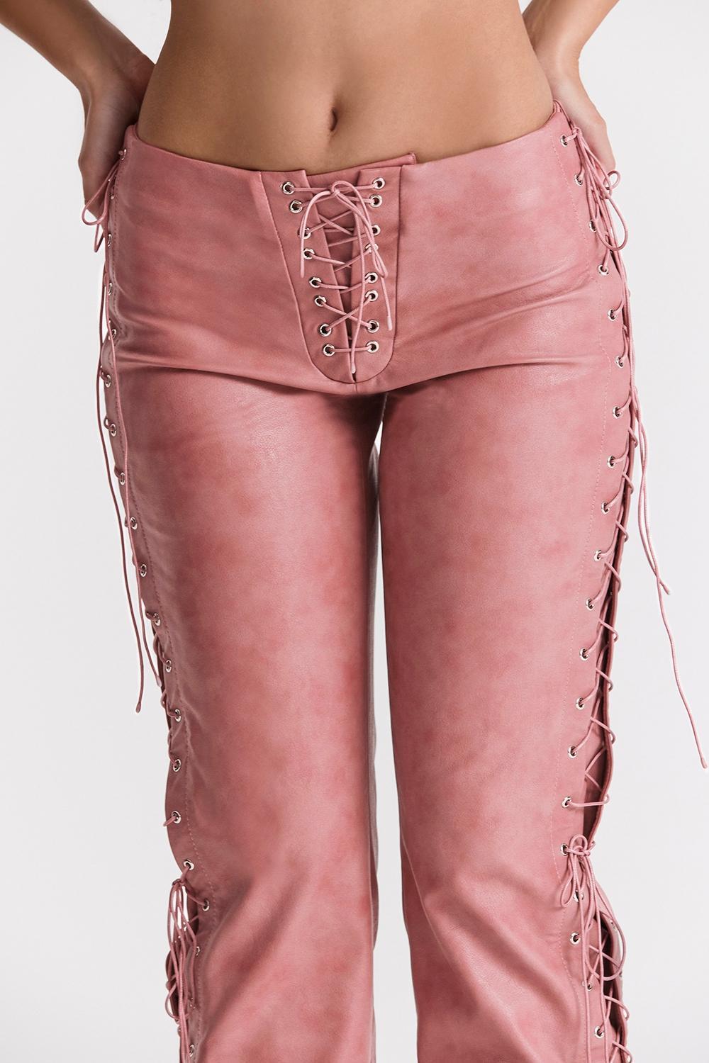 Drew Warm Pink Vegan Leather Lace Up Trousers Product Image