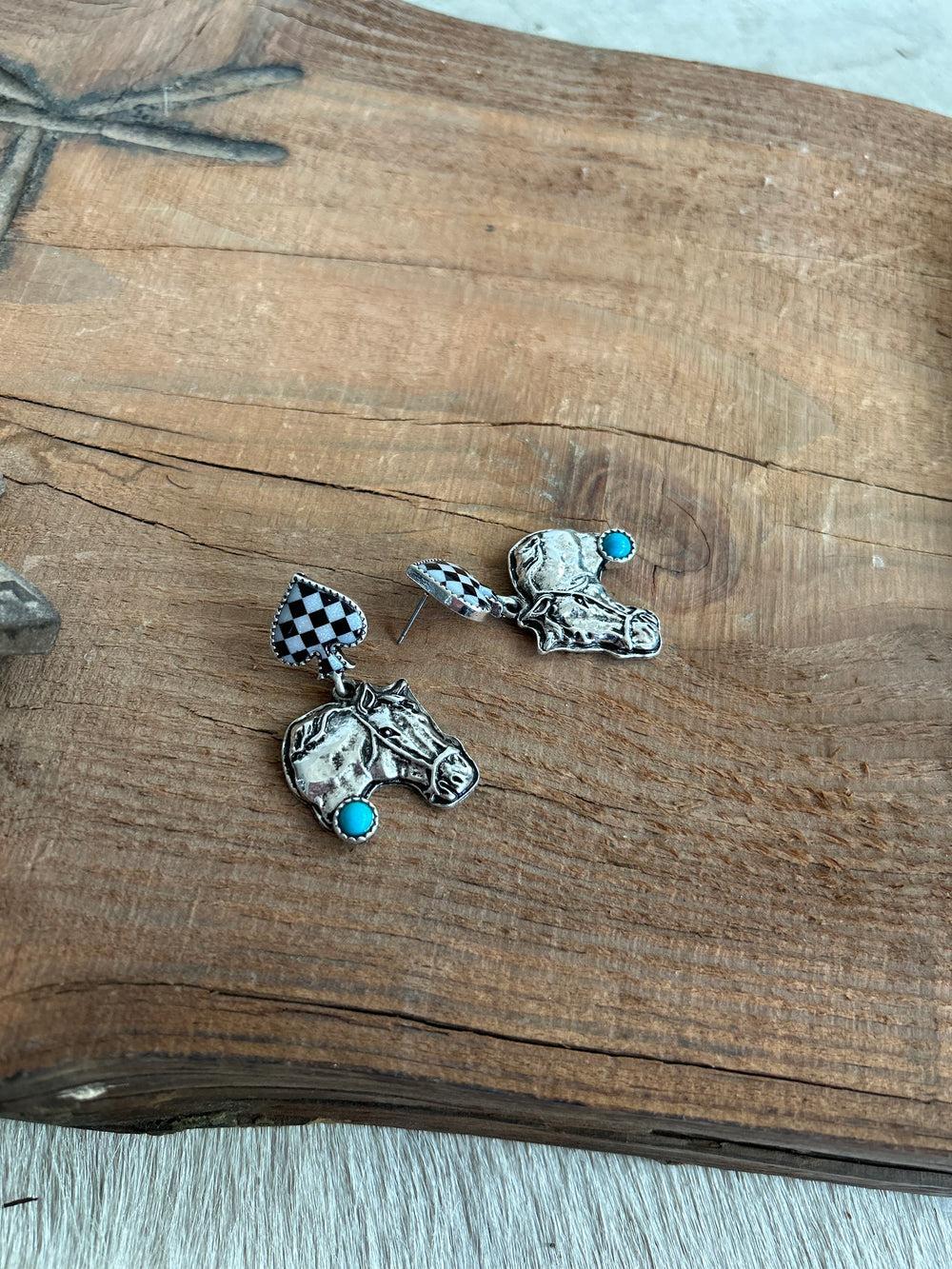 Western Style Horse And Checked Earring Product Image