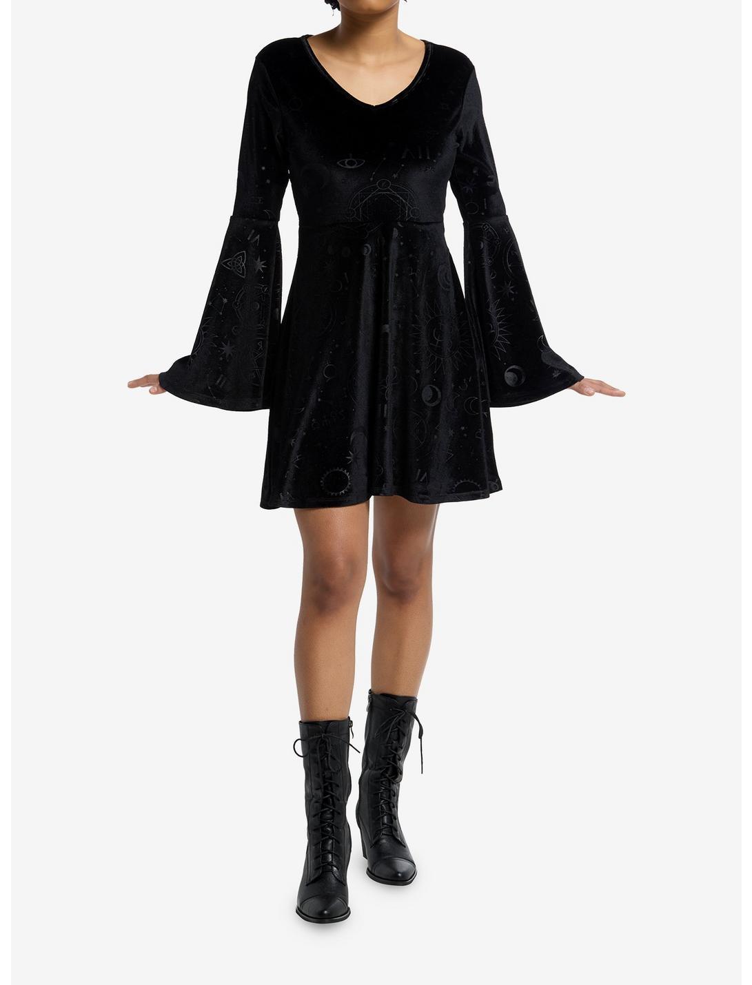 Cosmic Aura Black Celestial Velvet Bell Sleeve Dress Product Image
