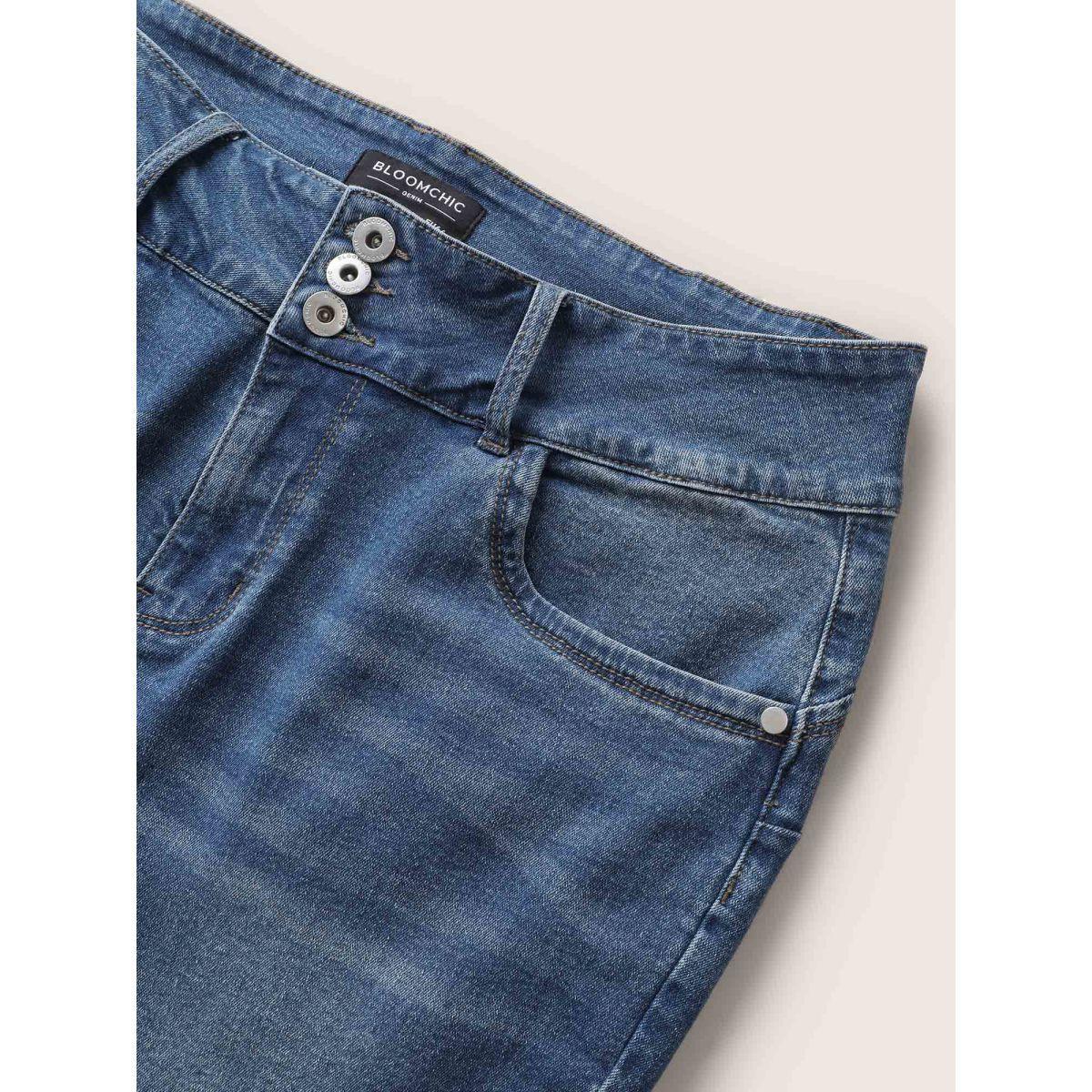 Plus Size Medium Wash Slim Cropped Jeans Women Blue Casual Button High stretch Slanted pocket Jeans BloomChic 28/5X Product Image