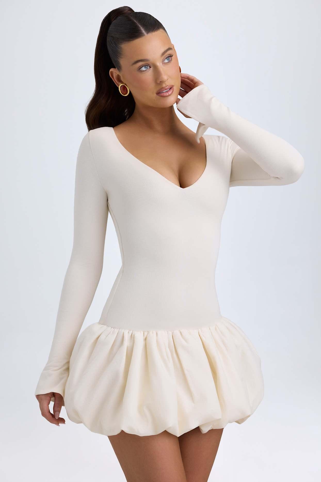 Modal Drop-Waist Bubble Hem Mini Dress in Ivory Product Image