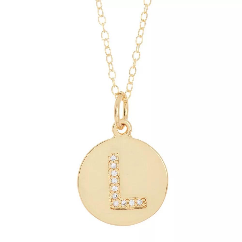 Adornia 14k Gold Plated Cubic Zirconia Engraved Letter Disc Pendant Necklace, Women's, Size: 18", Gold Tone T Product Image