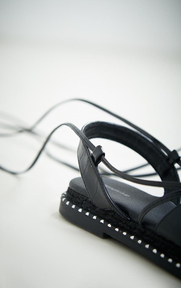 Black PU Croc Cross Over Strap Lace Up Espadrille Sandals Product Image