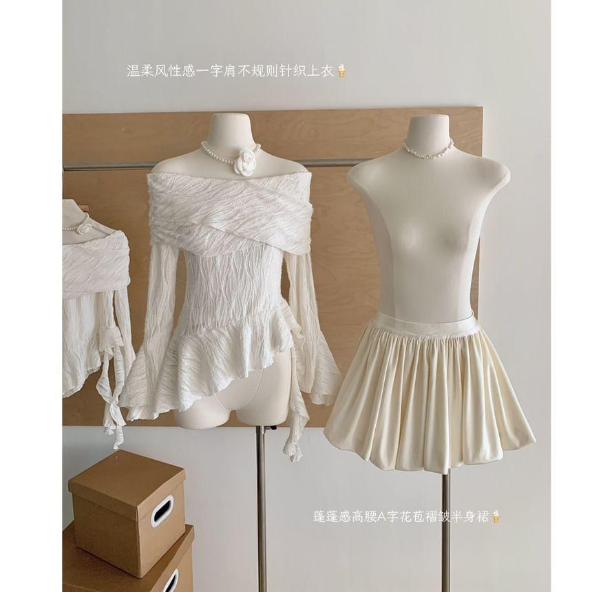 Set: Long Sleeve Off Shoulder Plain Ruffle Asymmetrical Top + High Rise Plain Gathered Mini A-Line Skirt Product Image