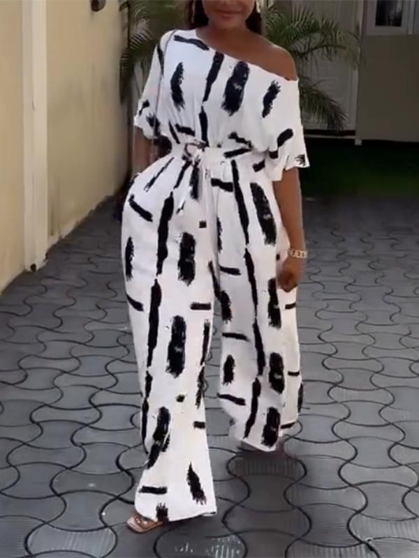 Half Sleeves Loose Printed Striped Tied Waist One-Shoulder Jumpsuits Product Image