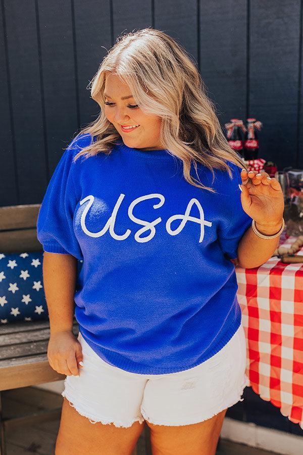 USA Knit Sweater Top in Royal Blue Curves Product Image