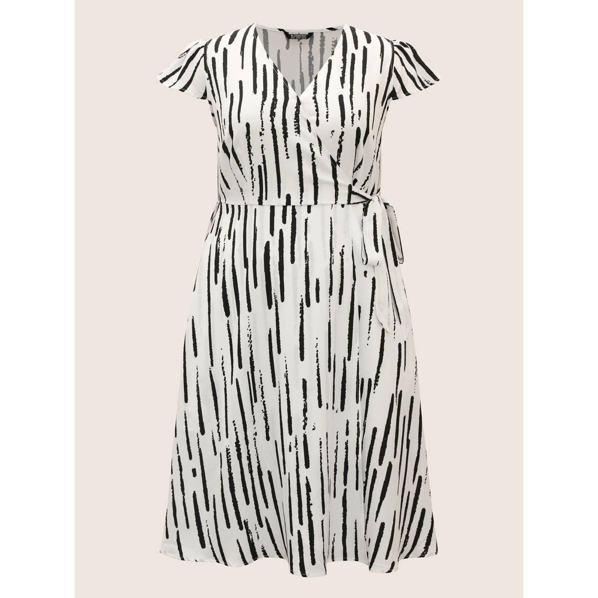 Plus Size Striped Wrap Tie Knot Cap Sleeve Midi Dress Originalwhite Women At the Office Tie knot V-neck Cap Sleeve Curvy BloomChic 22-24/3X Product Image
