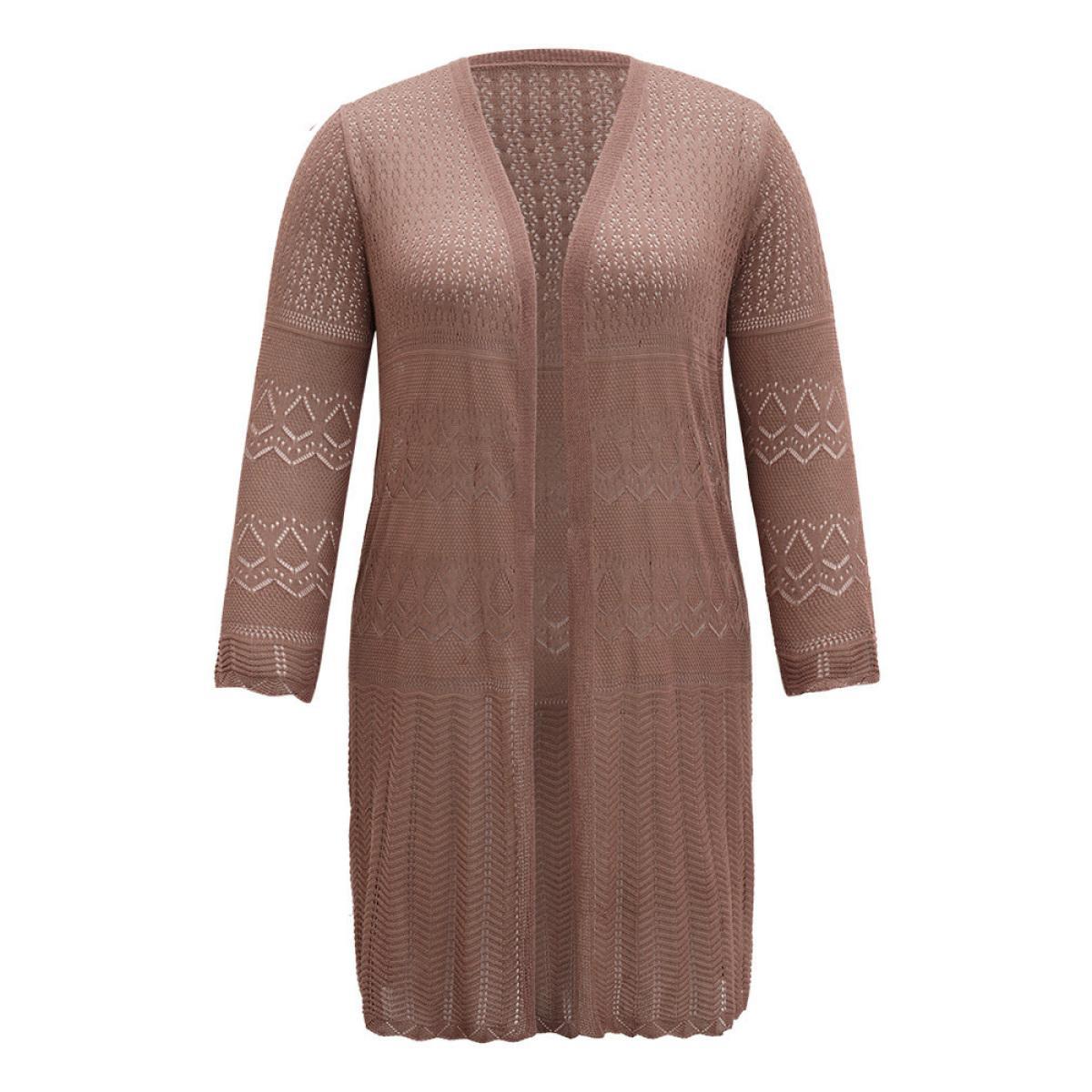 Plus Size Geometric Eyelet Open Front Maxi Cardigan Rust Women Casual Loose Long Sleeve Everyday Cardigans BloomChic 14-16/1X Product Image