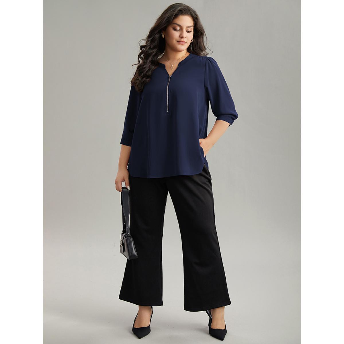 Plus Size DarkBlue Plain Half Zip Gathered Blouse Women Work From Home Elbow-length sleeve V-neck Work Blouses BloomChic 26/4X Product Image