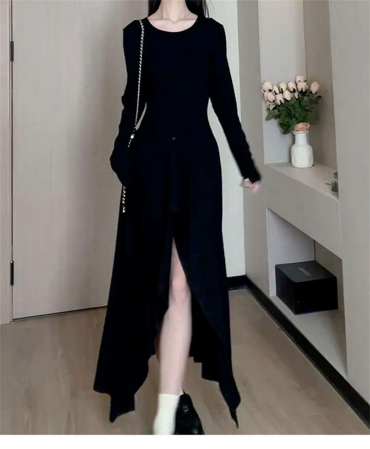 Long Sleeve Crew Neck Plain Slit Ruffle Hem A-Line Midi Dress Product Image