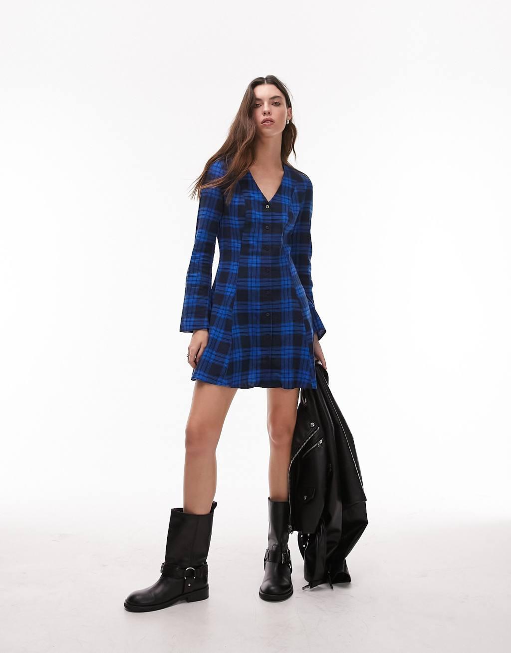 Topshop v neck brushed check mini shirt dress Product Image