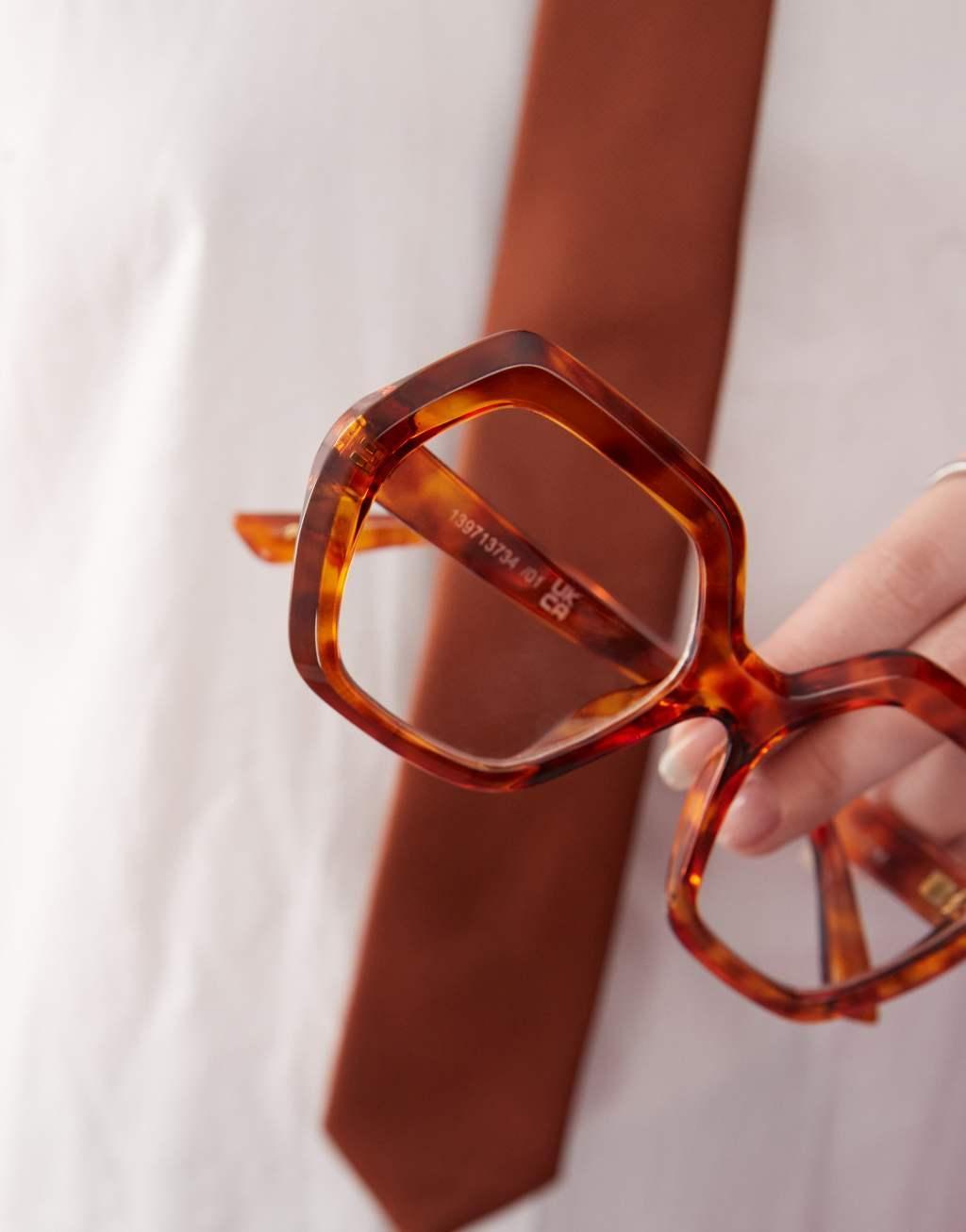 Reclaimed Vintage oversized 70s hexagon blue light glasses in tortoiseshell Product Image