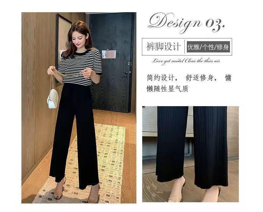 Set: Short-Sleeve Striped Knit Top + High Waist Wide Leg Pants Product Image