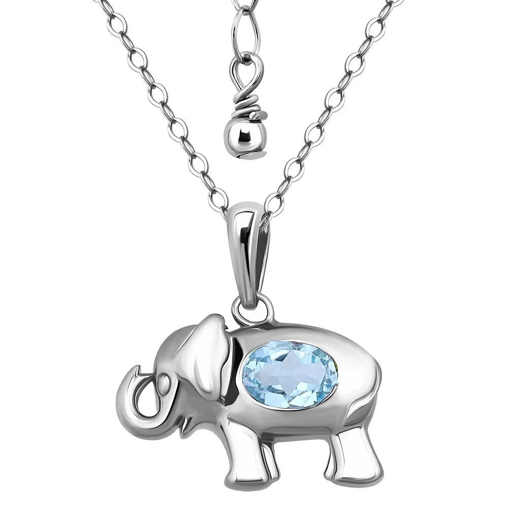 Aleure Precioso Sterling Silver Elephant Pendant Necklace, Womens Blue Topaz Product Image