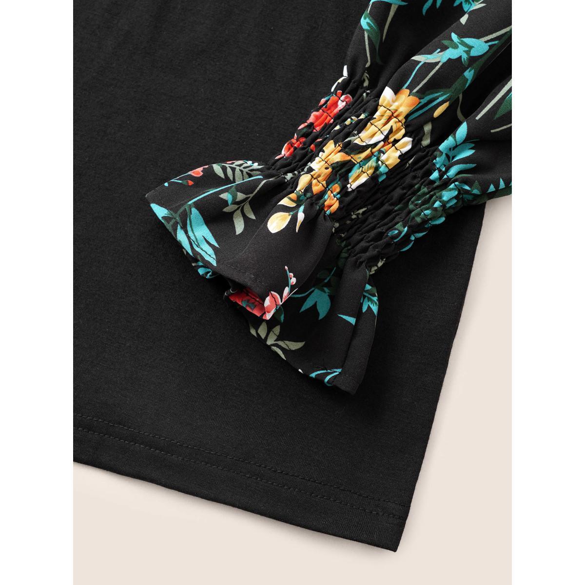 Plus Size Floral Patchwork Shirred Round Neck T-shirt Black Women Elegant Patchwork Floral Round Neck Everyday T-shirts BloomChic 30/6X Product Image