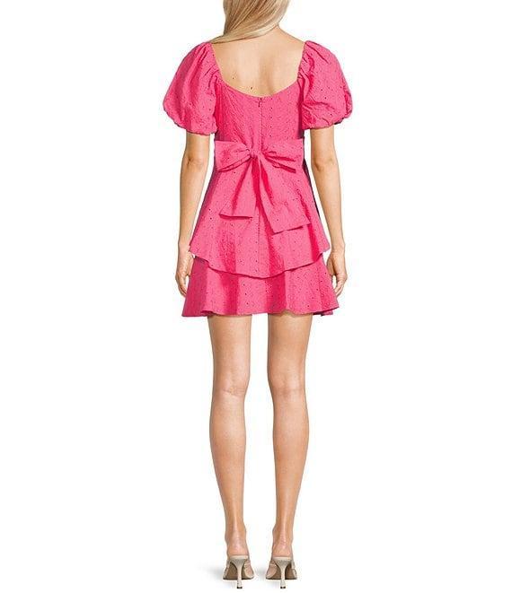 Midnight Doll Eyelet Puff Short Sleeve Tie Back Tiered Mini Dress Product Image