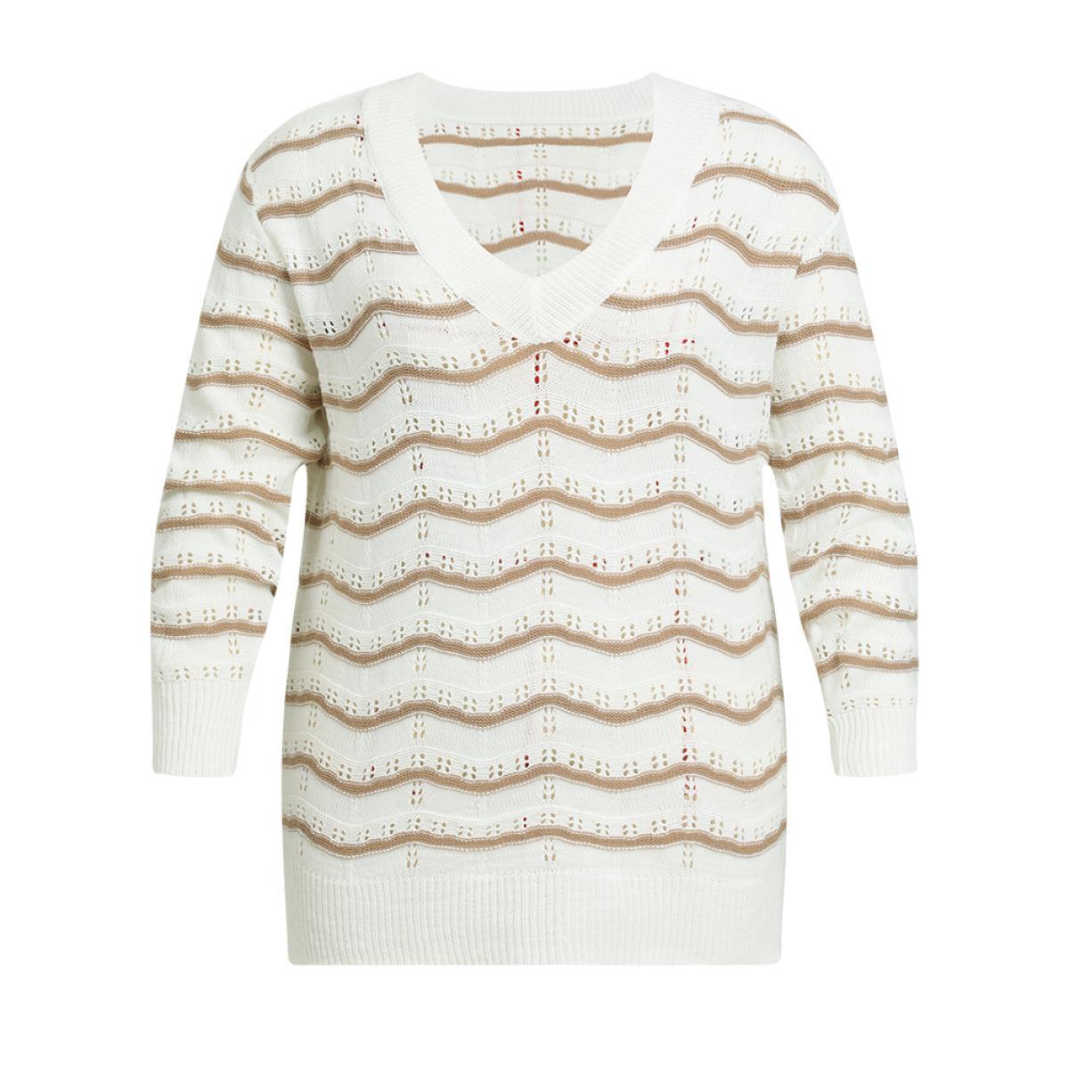 Plus Size Wave Striped Cut Out V Neck Cardigan Beige Women Casual Bodycon Long Sleeve V-neck Dailywear Pullovers BloomChic 22-24/3X Product Image
