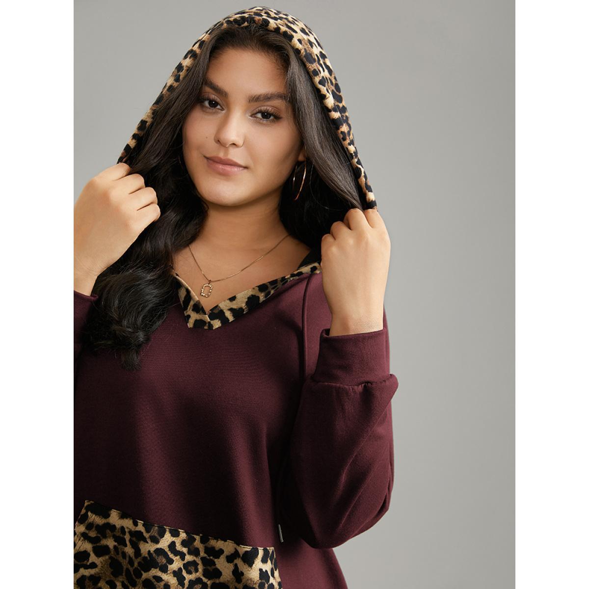 Plus Size Leopard Patchwork Kangaroo Pocket Hooded Sweatshirt Women Burgundy Casual Contrast Hooded Dailywear Sweatshirts BloomChic 22-24/3X Product Image