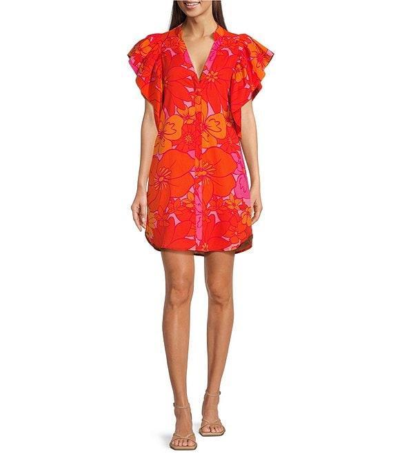 J.Marie Lizzie Mandarin Collar Short Sleeve Ruffle Hem Shirt Dress Product Image