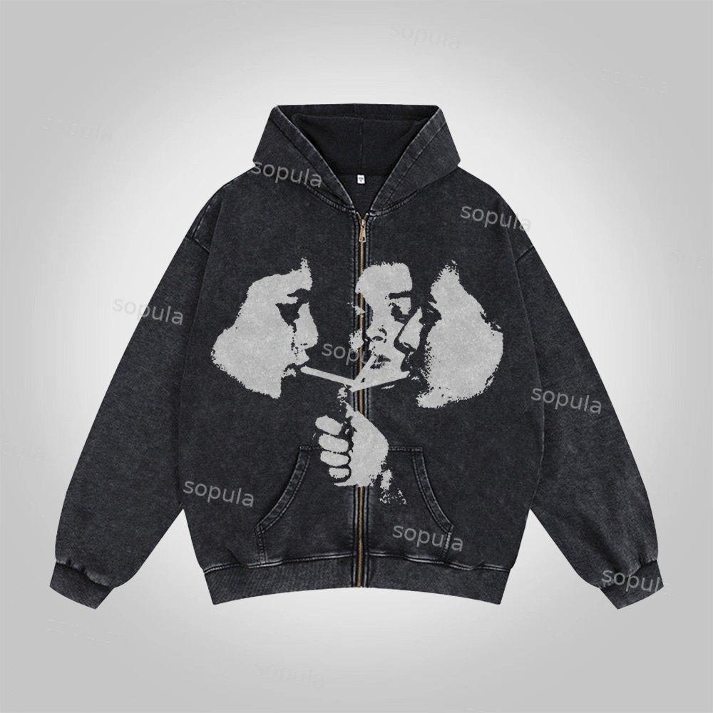 Sopula Relaxed Vintage Graphic Acid Washed Oversized Zip-Up Hoodie Product Image