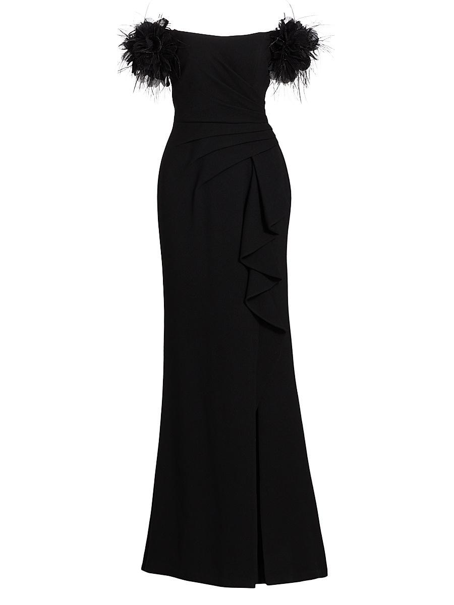Womens Feather-Embellished Crepe Off-The-Shoulder Gown Product Image