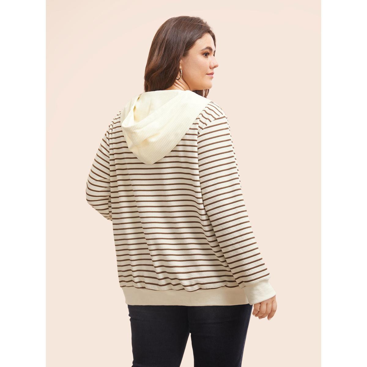 Plus Size Striped Patchwork Texture Hooded Sweatshirt Women Beige Casual Texture Hooded Everyday Sweatshirts BloomChic 18-20/2X Product Image