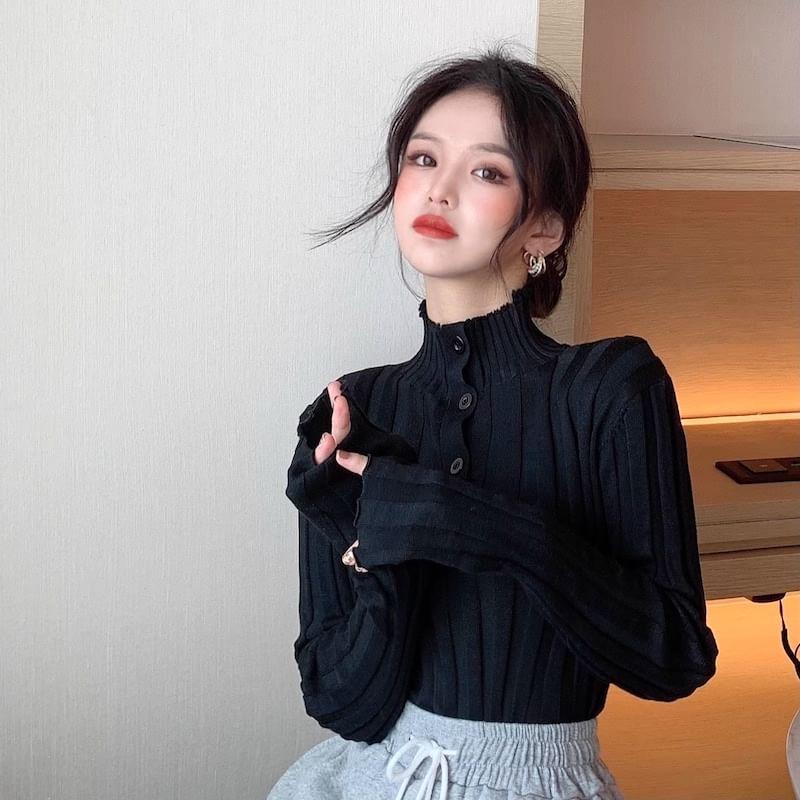 Long-Sleeve Mock Neck Henley Plain Ribbed Knit Top Product Image