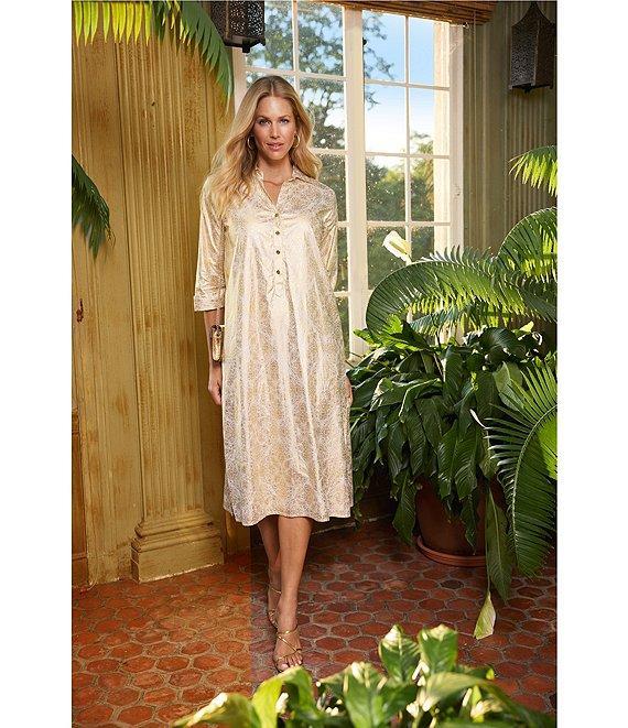 Jude Connally Kallan Cotton Voile Gold Foil Medallion Print Point Collar Shift Midi Dress Product Image
