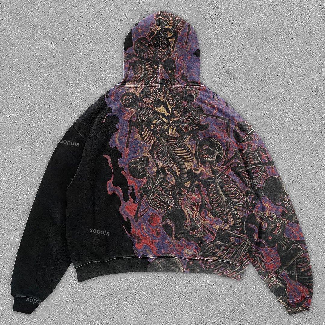 Vintage Skull Graphic Print Black Pullover Hoodie Product Image