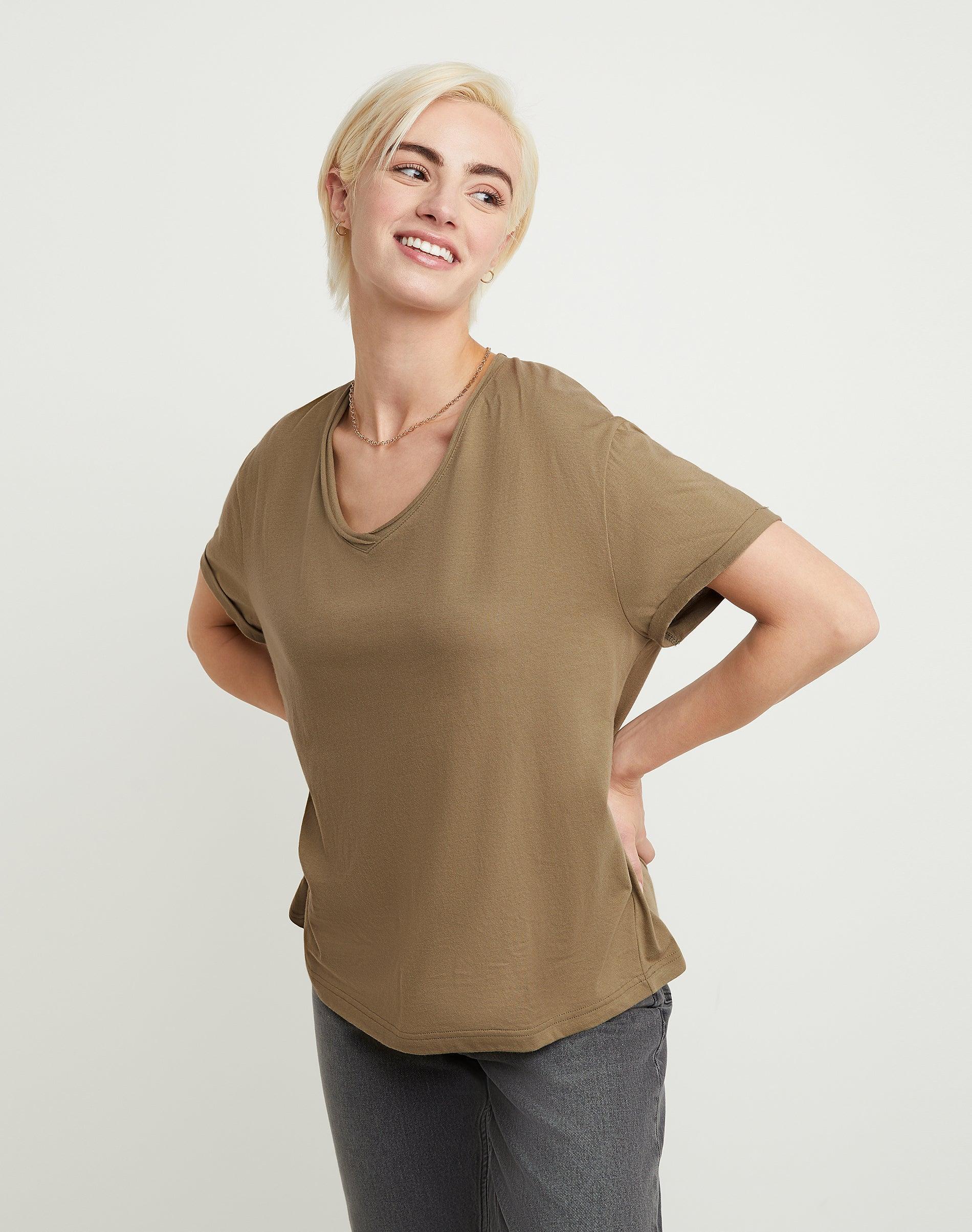 Hanes Originals Womens Cotton T-Shirt, Raw Edge V-Neck White XL Product Image