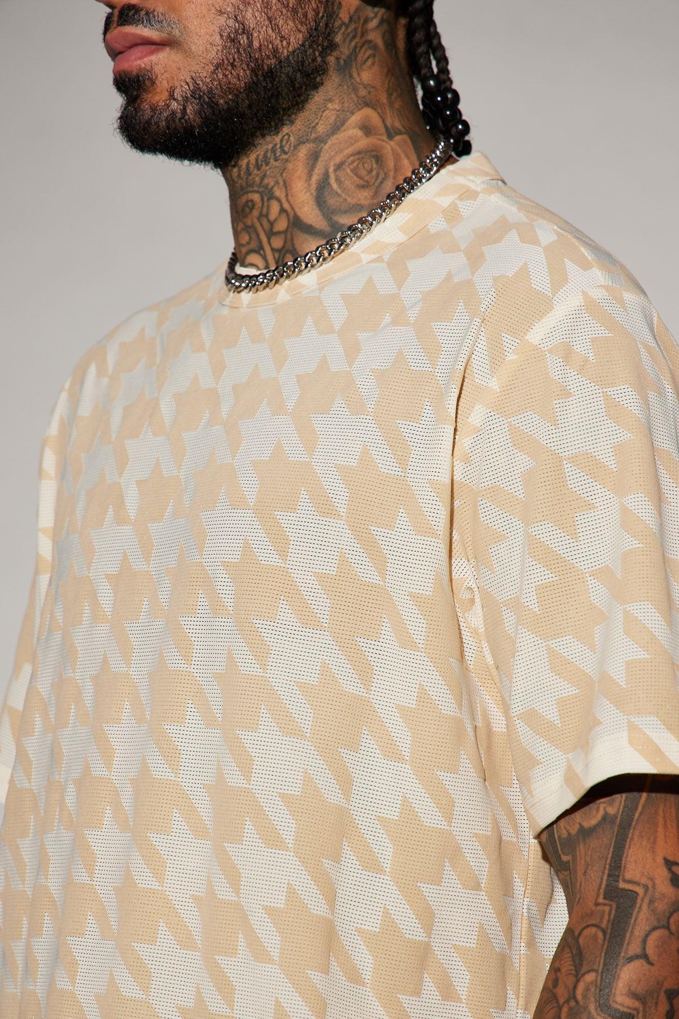 Textured Houndstooth Mesh Short Sleeve Crew Tee - Cream Product Image