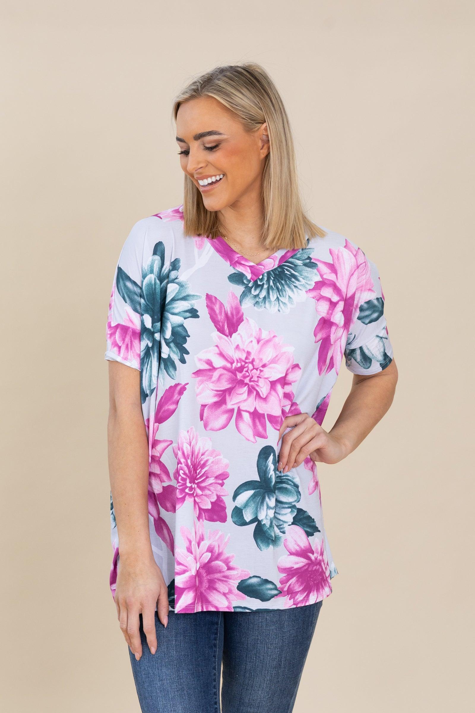 Grey Loose Fit Vintage Floral Knit Tunic Top Product Image